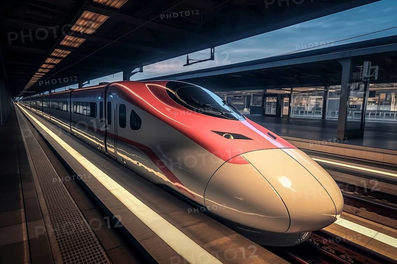 Modern high speed train in a futuristic train station. Modern transportation technology, speed, travel concepts. Railroad with motion blur effect, AI generated