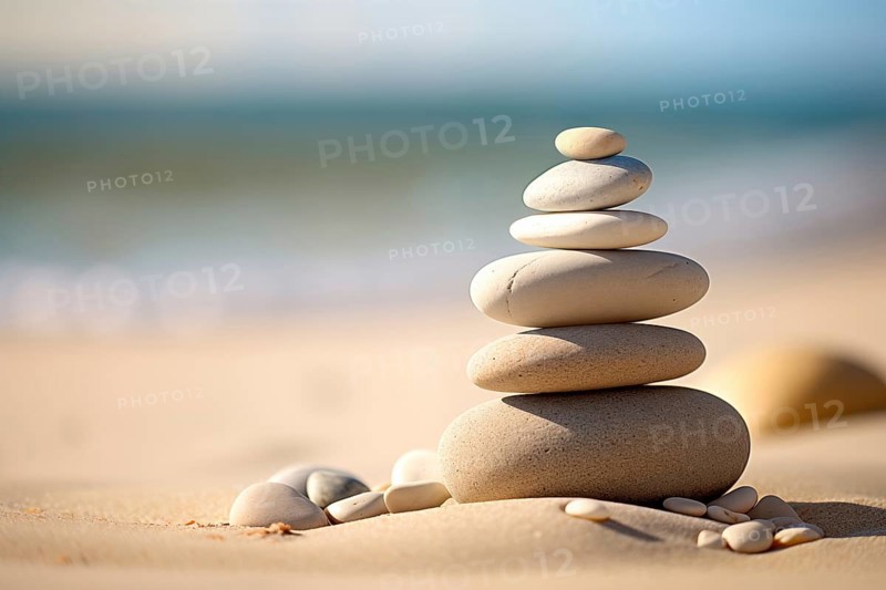 Zen stones stack on sand waves in a minimalist setting for balance and harmony. Balance, harmony, and peace of mind, wellness, meditation, and spirituality concept, AI generated