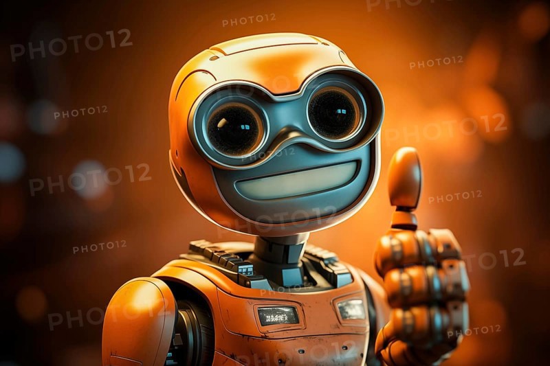 Orange robot showing a thumbs up gesture. The friendly robot has big round eyes and a friendly smile. Concept of artificial intelligence technology approval agreement, success, friendliness, AI generated