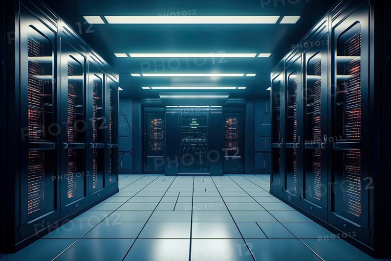 A modern data center with rows of server racks, high technology, artificial intelligence AI and data cloud computing computer systems storage and telecommunications, AI generated