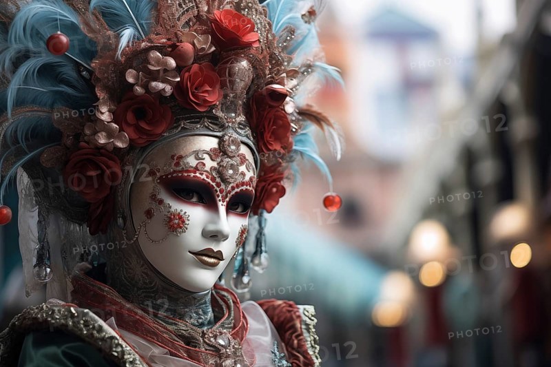 A person adorned in a richly detailed and colorful carnival costume, complete with an elaborate mask, participates in the iconic Venice Carnival, AI generated