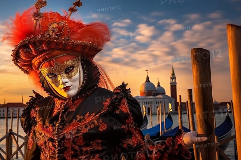 A person adorned in a traditional Venetian carnival mask and costume, with the iconic architecture of Venice silhouetted against a stunning sunset, AI generated