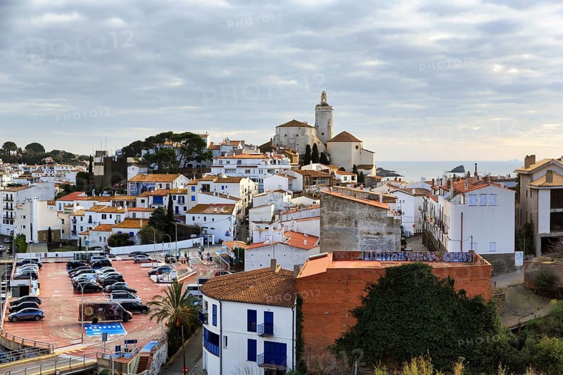 Local view, former fishing village of Cadaques with landmark, white church of Santa Maria, Cadaques, Cap de Creus peninsula, Costa Brava, Spain, Europe