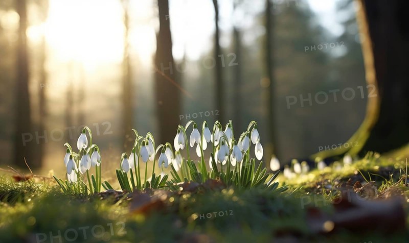 Sunlight warms a group of snowdrops peeking through the leaf litter AI generated