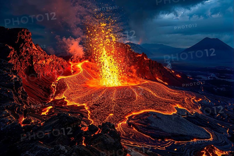 An active volcano erupting, surrounded by glowing lava at dusk, AI generated, AI generated