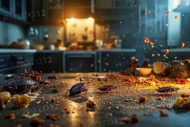 Cockroaches (Blattodea) search for food on a messy kitchen worktop under dramatic lighting, AI generated, AI generated