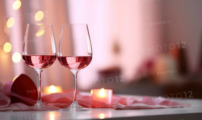 Wine glasses with sparkling accents and heart-shaped decorations in a romantic atmosphere AI generated