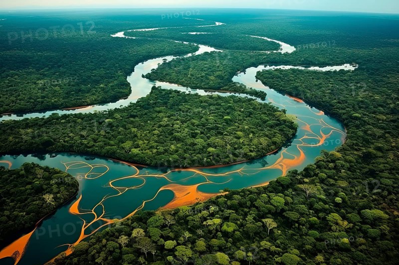 Aerial view of a meandering river in a tropical rainforest, Brazil, AI Generated, AI generated, South America