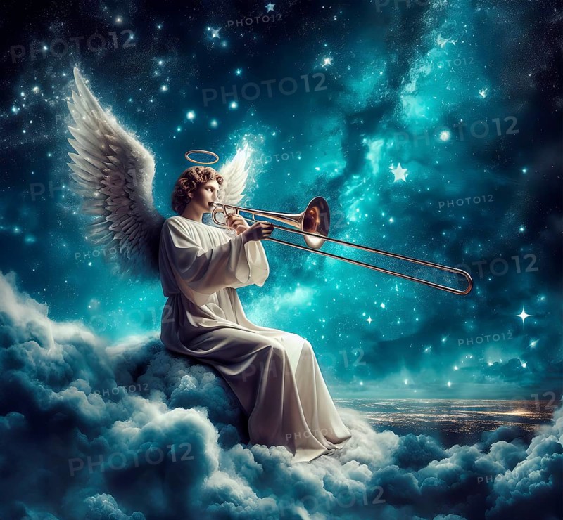 An angel sits on a cloud and plays the trombone, kitsch, AI generated, AI generated