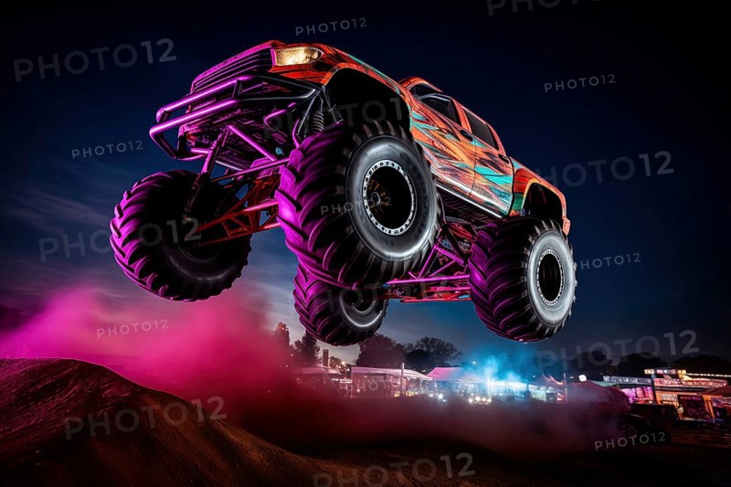 Monster truck with neon lighting, jumping off-road outdoors in cloud of dust, during a night event, surrounded by vibrant lights and smoke. Excitement and thrill of an extreme sport, AI generated