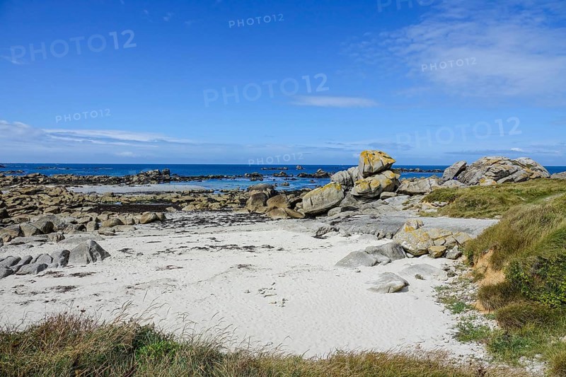 Sandy beach beach with granite rocks, Meneham, Menez Ham, Kerlouan, Finistere Penn ar Bed department, Brittany Breizh region, Atlantic coast, France, Europe