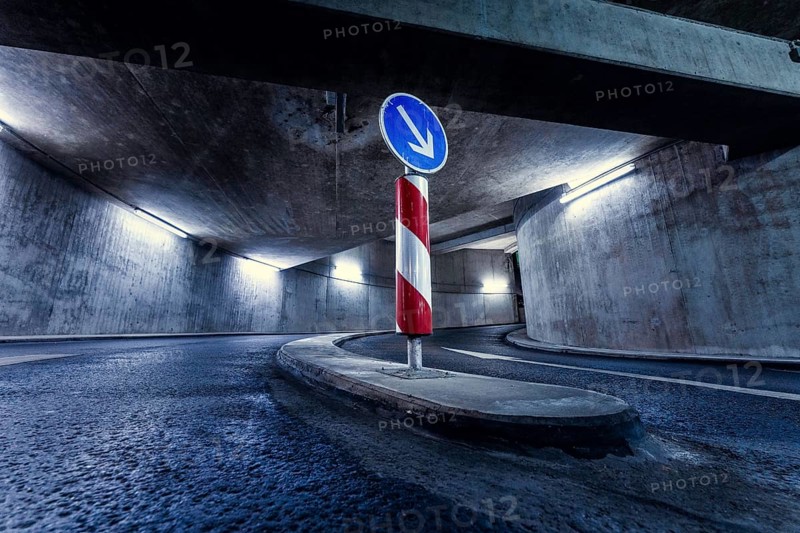 One-way street sign in a well-lit tunnel, Pforzheim, Germany, Europe