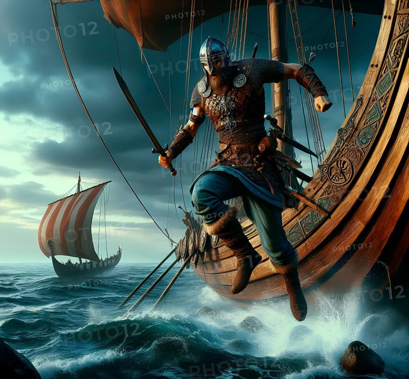 Dragon boat, Viking ship of the Vikings on a raid, a warrior jumps ashore, AI generated, AI generated