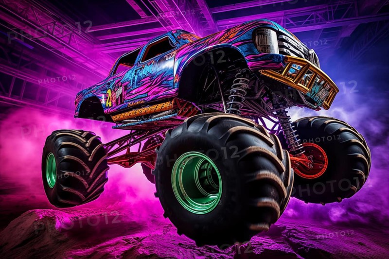 Monster truck with neon lighting, jumping off-road in cloud of dust. Excitement and thrill of an extreme sport, AI generated