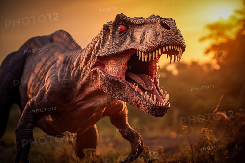 Tyrannosaur rex roaring in a prehistoric forest with lush vegetation, ferns and sunlight, AI generated