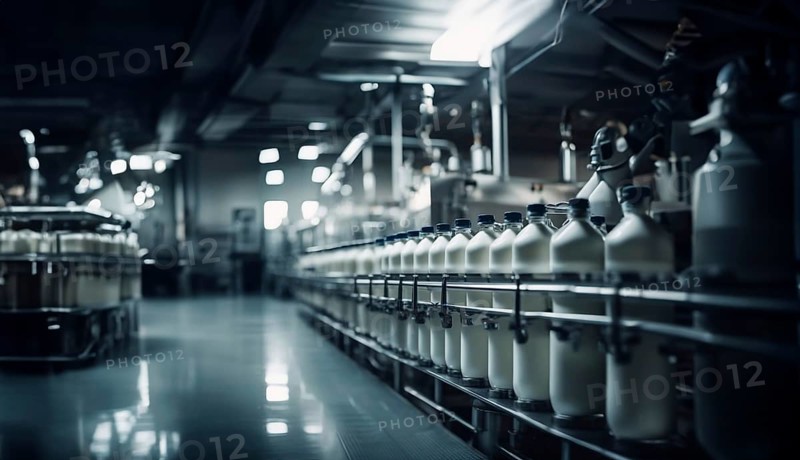 Plant for the production of milk and dairy products, conveyor belt with bottles of milk, AI generated