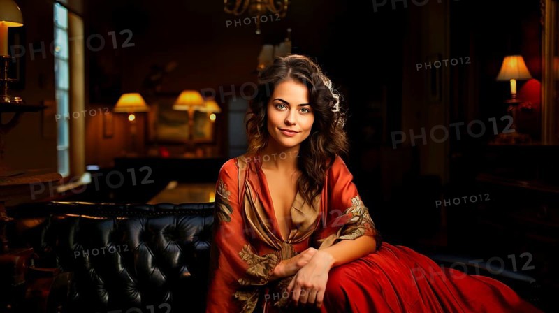 Beautiful young woman dressed in a red dress, sitting in a salon on a black leather sofa, AI generated, AI generated