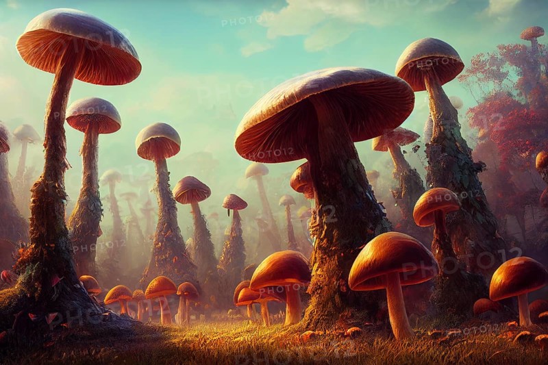 A mysterious forest with large, fairytale-like mushrooms at sunset, Mushroom Village, AI-Generated & Photoshop, HobbyZone-Alpha, Haan, North Rhine-Westphalia, Germany, KI generated, AI generated, Europe
