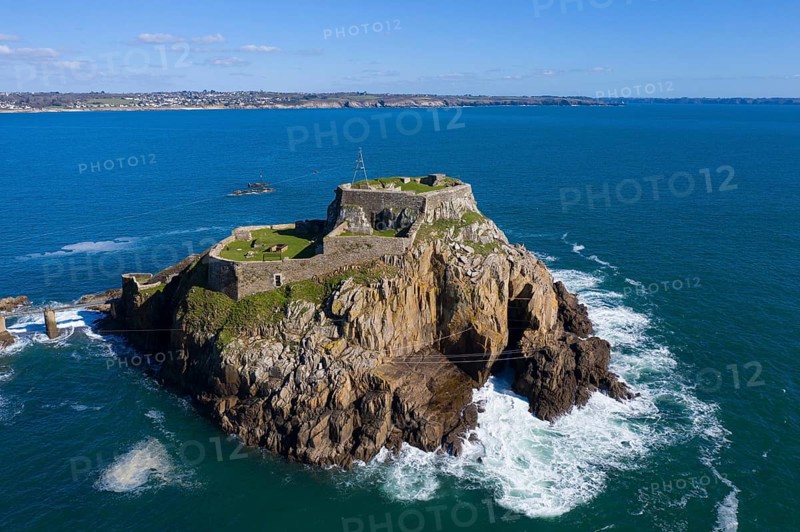 Aerial view of Fort de Bertheaume on a rock off the coast in Plougonvelin on the Atlantic coast at the mouth of the Bay of Brest, Finistere Penn ar Bed department, Brittany Breizh region, France, Europe