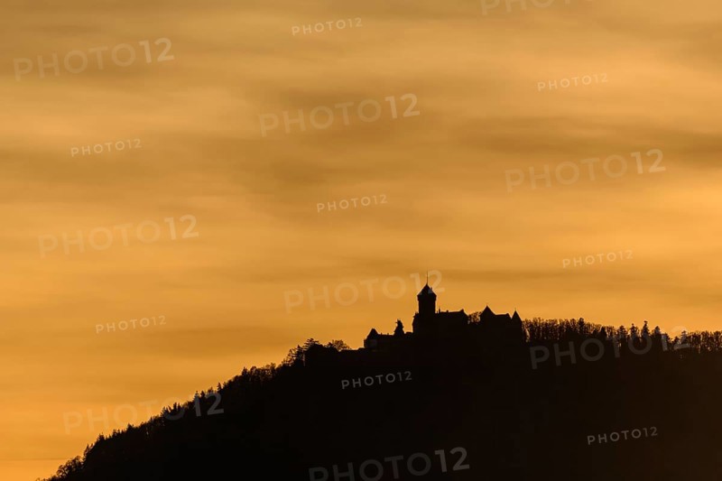 Silhouette of the Haut Koenigsbourg on the top of a mountain. Bas-Rhin, Alsace, Grand Est, France, Europe