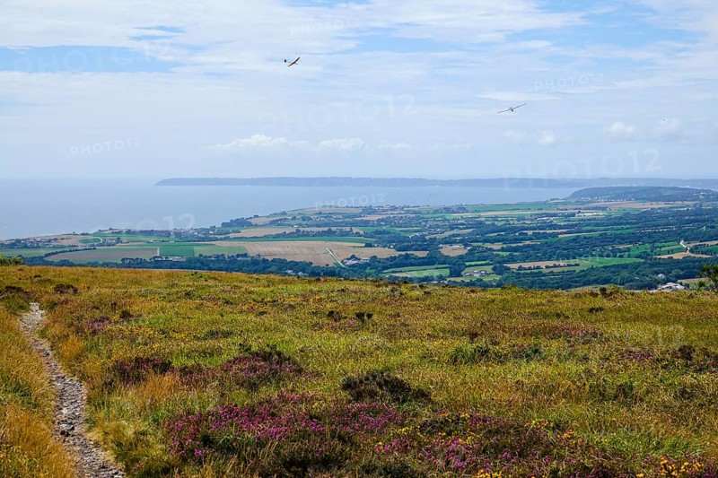 View from the summit of the 329 metre high Mount Menez Hom towards Crozon and Cap de la Chevre, Finistere department, Brittany region, France, Europe