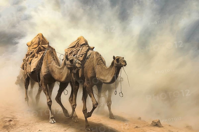 Camel caravan in a sandstorm in the desert, AI Generated, AI generated