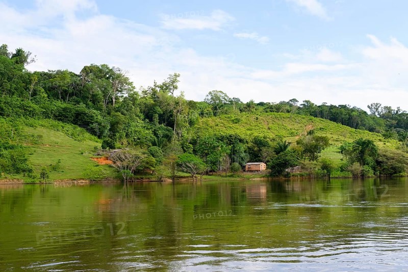 Wooden house on stilts along the Trombetas river, Para state, Brazil, South America