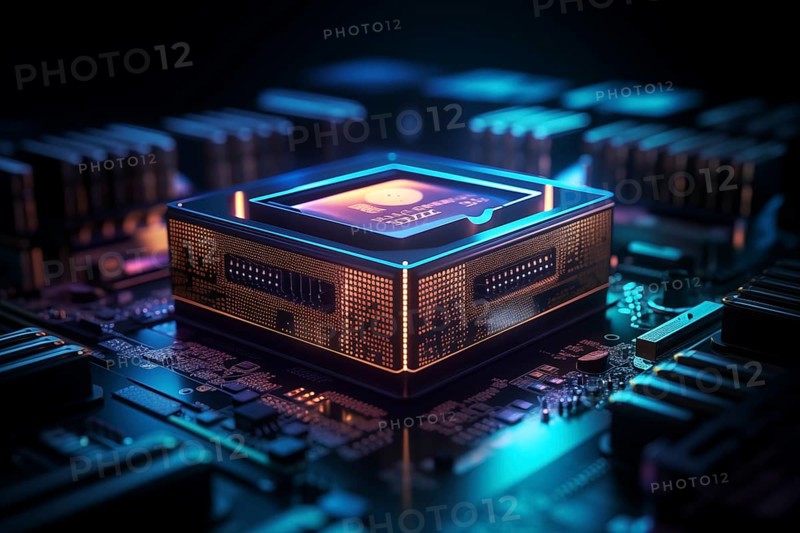 Close-up of a computer processor chip CPU on a motherboard with glowing neon lights. The chip is surrounded by other electronic components. Technology and hardware related content, AI generated