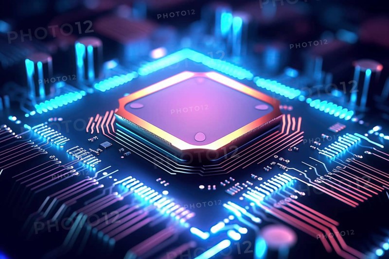 Close-up of a computer processor chip CPU on a motherboard with glowing neon lights. The chip is surrounded by other electronic components. Technology and hardware related content, AI generated