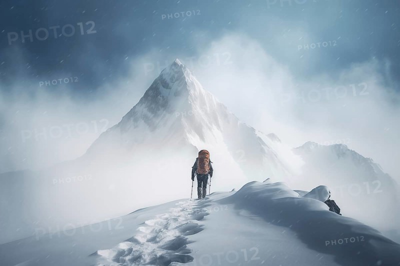 A mountaineer in mountains approaching a majestic snowy mountain peak amidst a snowfall and snow storm. Solitude and determination, adventure and challenge of climbing in extreme conditions, AI generated