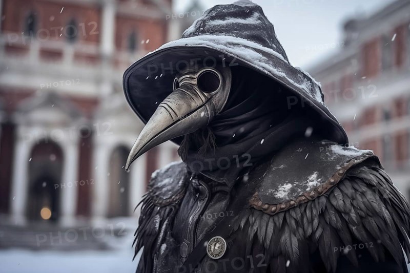 Person dressed as a plague doctor, adorned with the iconic crow mask, amidst the snowfall at the Venice Carnival, AI generated