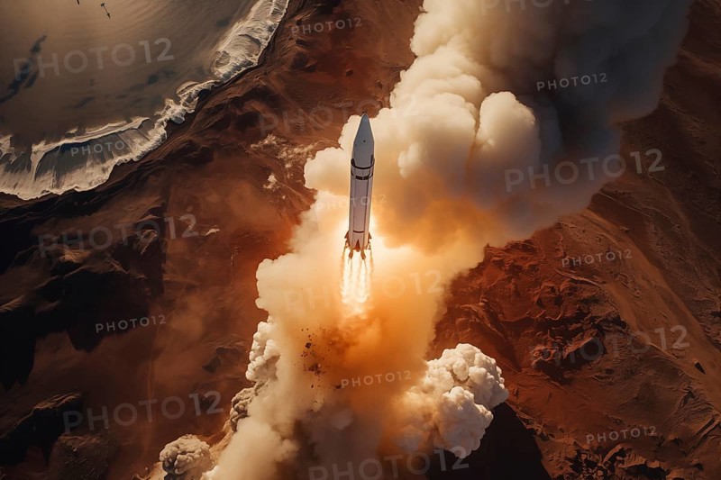 Aerial view of a rocket launch at sunrise sunset over an ocean coast. The rocket is blasting off with a trail of smoke and flames behind it, AI generated