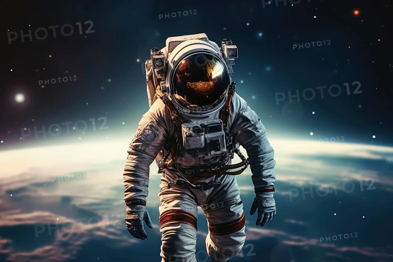 Astronaut Floating Above Earth in Space with extravehicular mobility unit and backpack. Wonder and awe of space exploration and science, AI generated