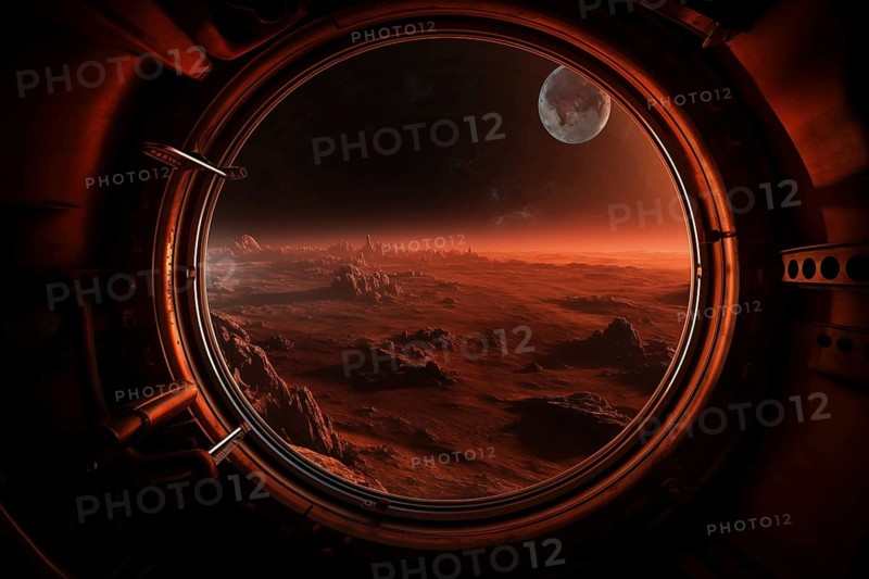 Mars landscape seen through spaceship window illuminator. Concept of extraterrestrial journey space exploration, conveys sense of otherworldly beauty and wonder, AI generated