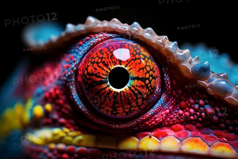 Vibrant close-up image capturing the intricate details and vibrant colors of a chameleon eye against a dark background, AI generated