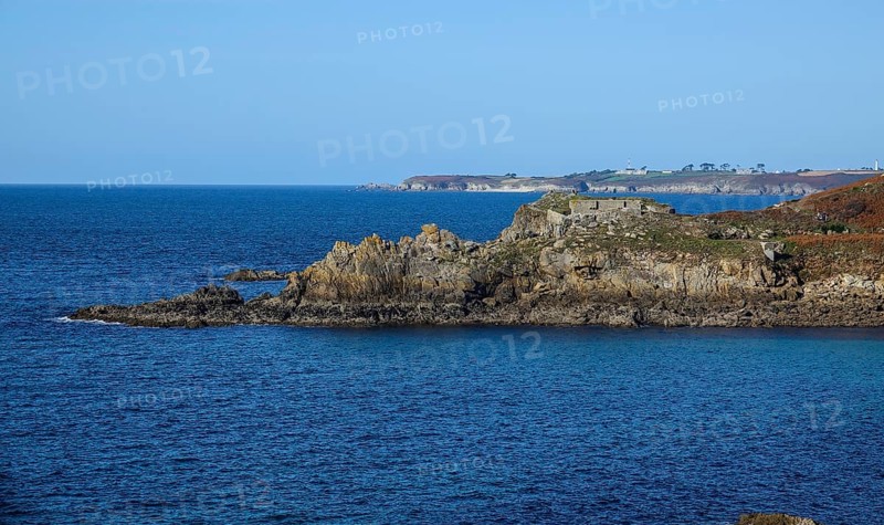 View from the Kermorvan peninsula to the north towards Fort de l'Ilette, with the CROSS Corsen sea rescue centre in the background, Le Conquet, Finistere Pen ar Bed department, Bretagne Breizh region, France, Europe