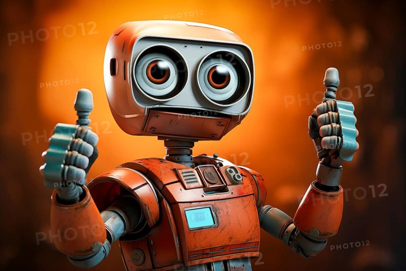 Orange robot showing a thumbs up gesture. The friendly robot has big round eyes and a friendly smile. Concept of artificial intelligence technology approval agreement, success, friendliness, AI generated