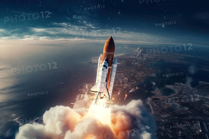 Aerial view of a rocket shuttle carrier launch at sunrise over an ocean coast. The rocket is blasting off with a trail of smoke and flames behind it, AI generated