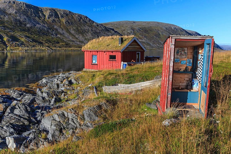 Rorbuer with toilet (outhouse) on the fjord off Bergen, summer, Nordkinn Peninsula, Finnmark, Norway, Europe