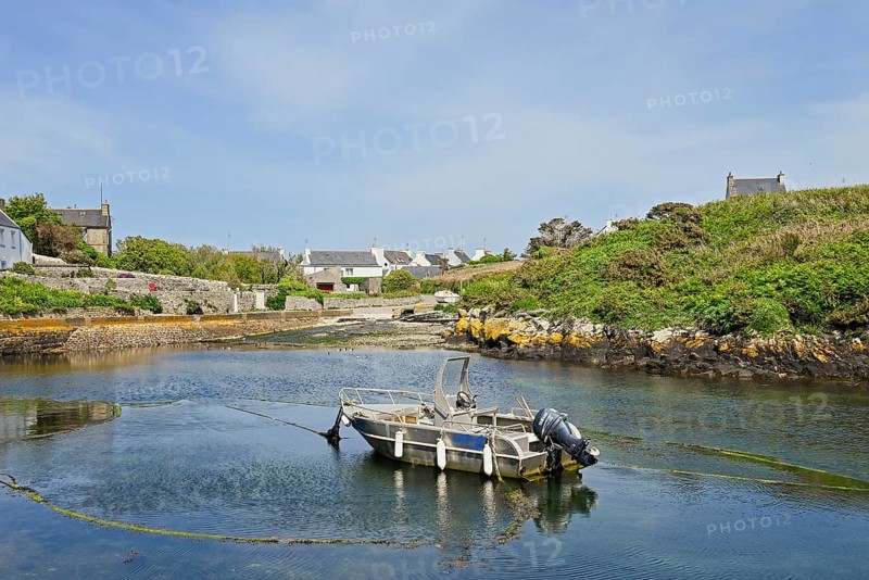 Boats in the small inland harbour of Lampaul, Ouessant Island, Finistere, Brittany, France, Europe