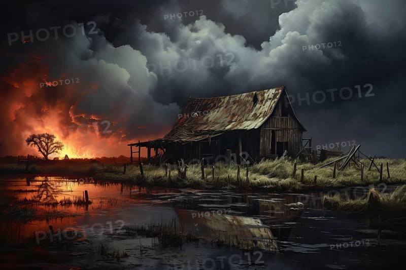 Burning field at night behind an old barn, AI Generated, AI generated