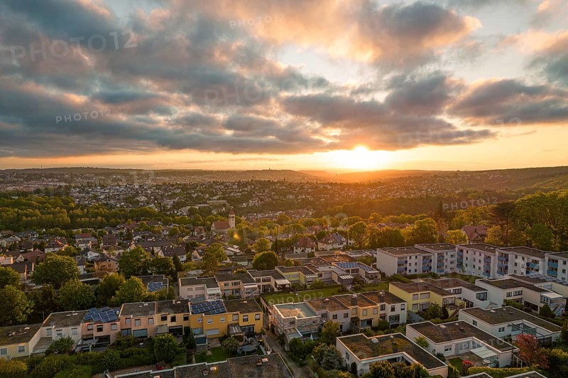 Warm evening light of the sunset over a peaceful residential area, Pforzheim, Sonnenberg, Germany, Europe