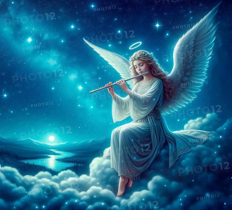 An angel sits on a cloud and plays the flute, kitsch, AI generated, AI generated