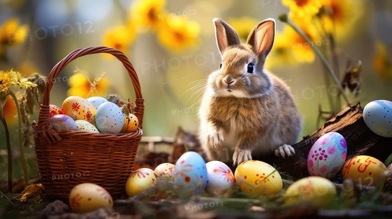A rabbit beside a basket of Easter eggs among yellow daffodils in a woodland setting AI generated
