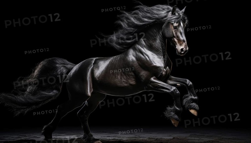 Beautiful black stallion with flying mane on black studio background AI generated