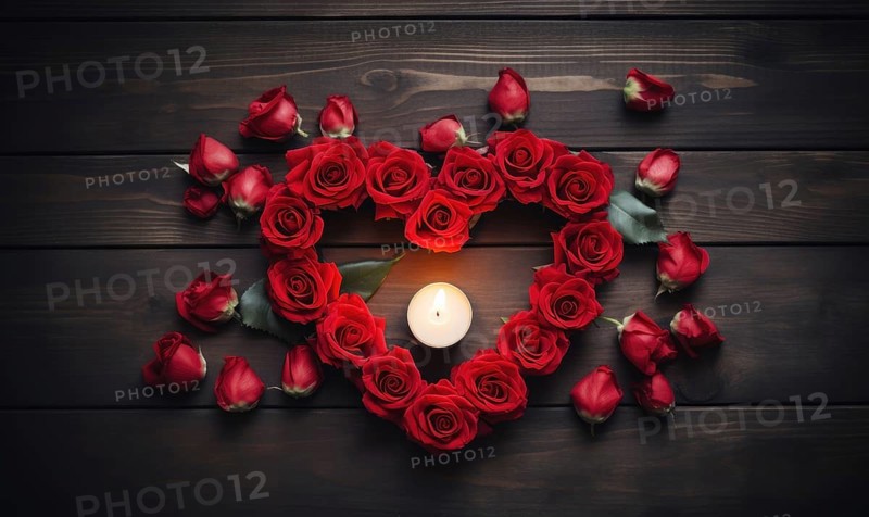 Heart-shaped arrangement of red roses with a single candle on a wooden surface AI generated