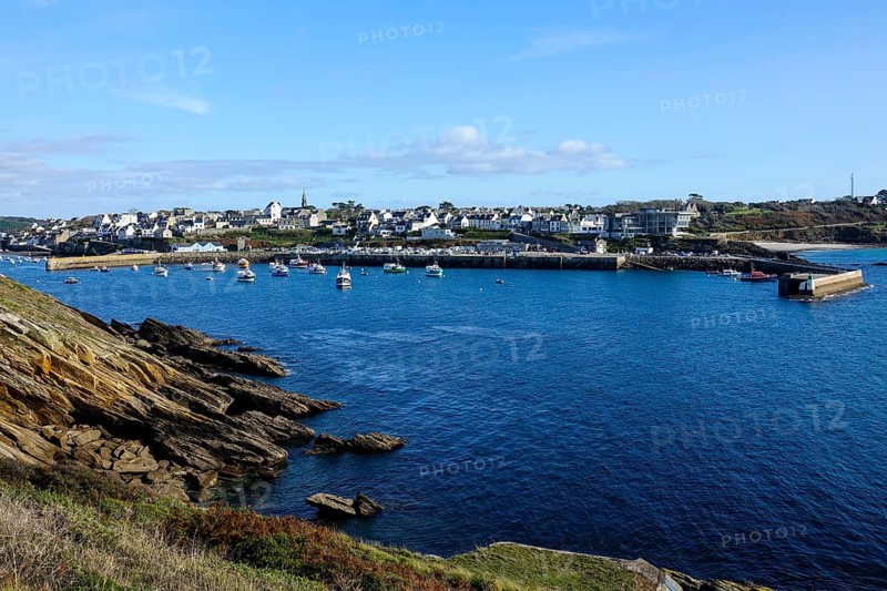 Harbour and commune of Le Conquet, seen from the Kermorvan peninsula, Finistere Pen ar Bed department, Brittany Breizh region, France, Europe
