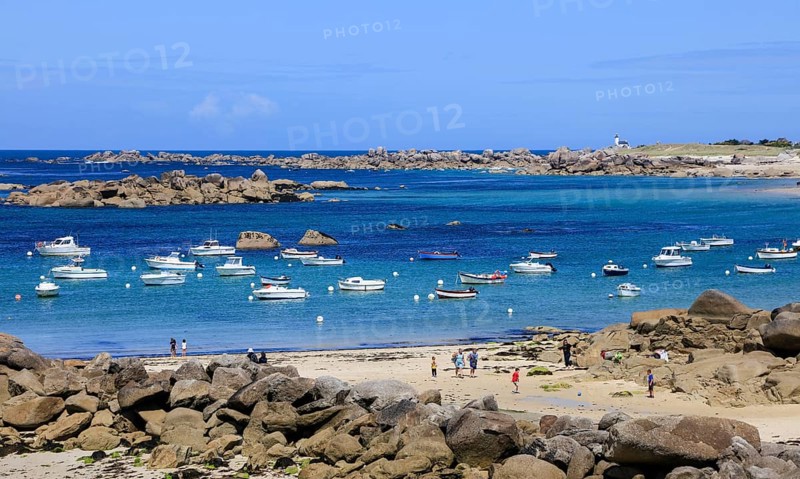 Granite rock formations on the beach of the English Channel near the village of Meneham, Menez Ham, Kerlouan, Finistere Penn ar Bed department, Brittany Breizh region, France, Europe