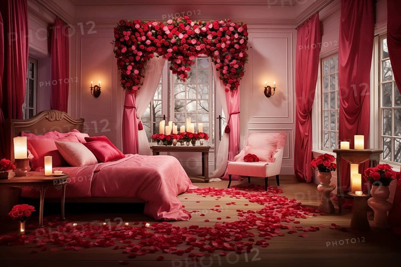 A cozy bedroom adorned with red and white heart-shaped balloons, rose petals, and candles creating a romantic atmosphere for Valentine's Day, AI generated