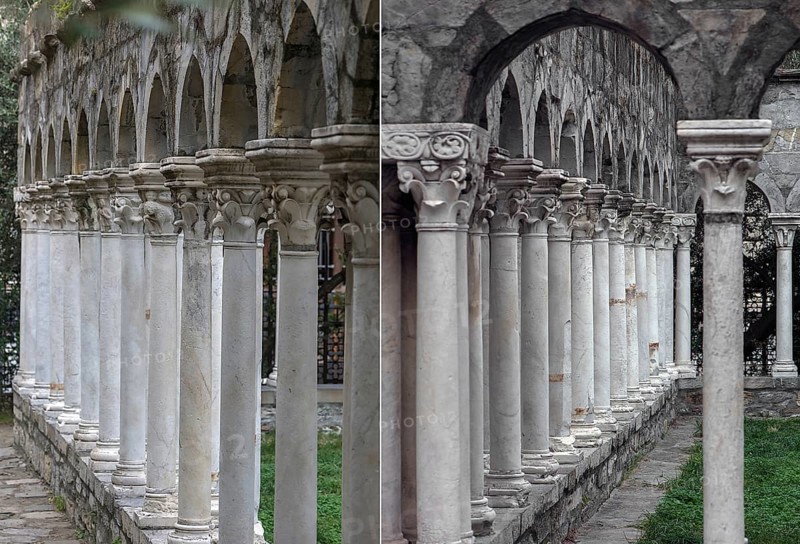Columns from the restored cloister of Sant'Andrea 12th century, Via di Porta Soprana 12, Genoa, Italy, Europe